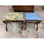 Two mahogany x frame stools with padded seats