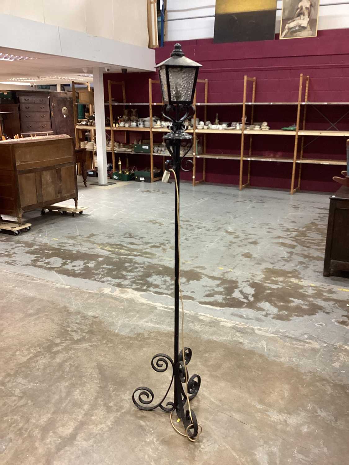 Wrought iron standard lamp in the form of a Victorian street light