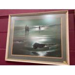 Pastel of figures on a moonlit beach, signed and dated 1976.