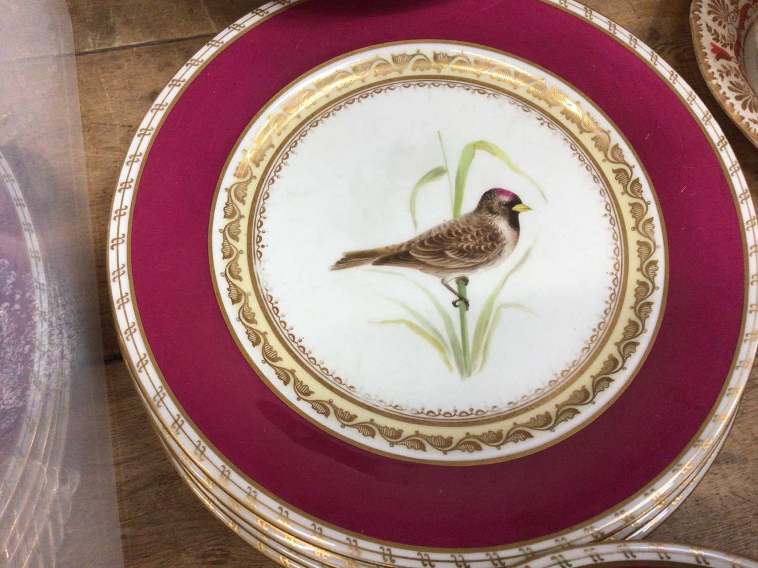 A late 19th century English porcelain claret ground ornithological dessert service, comprising three - Image 2 of 2