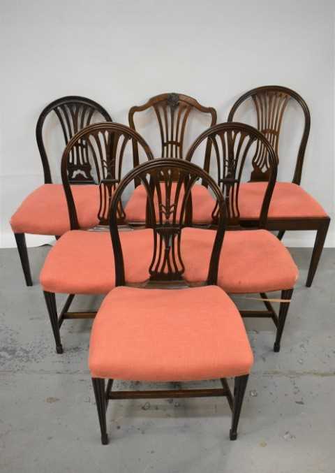 Set of three George III Sheraton style mahogany dining chairs, three other Georgian chairs