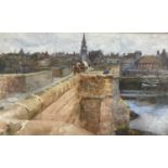 Victorian watercolour, bridge scene, apparently unsigned, 12 x 22cm, glazed frame