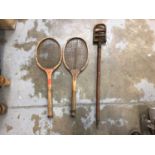 Shooting stick, fishtail tennis racket and one other tennis racket (3)