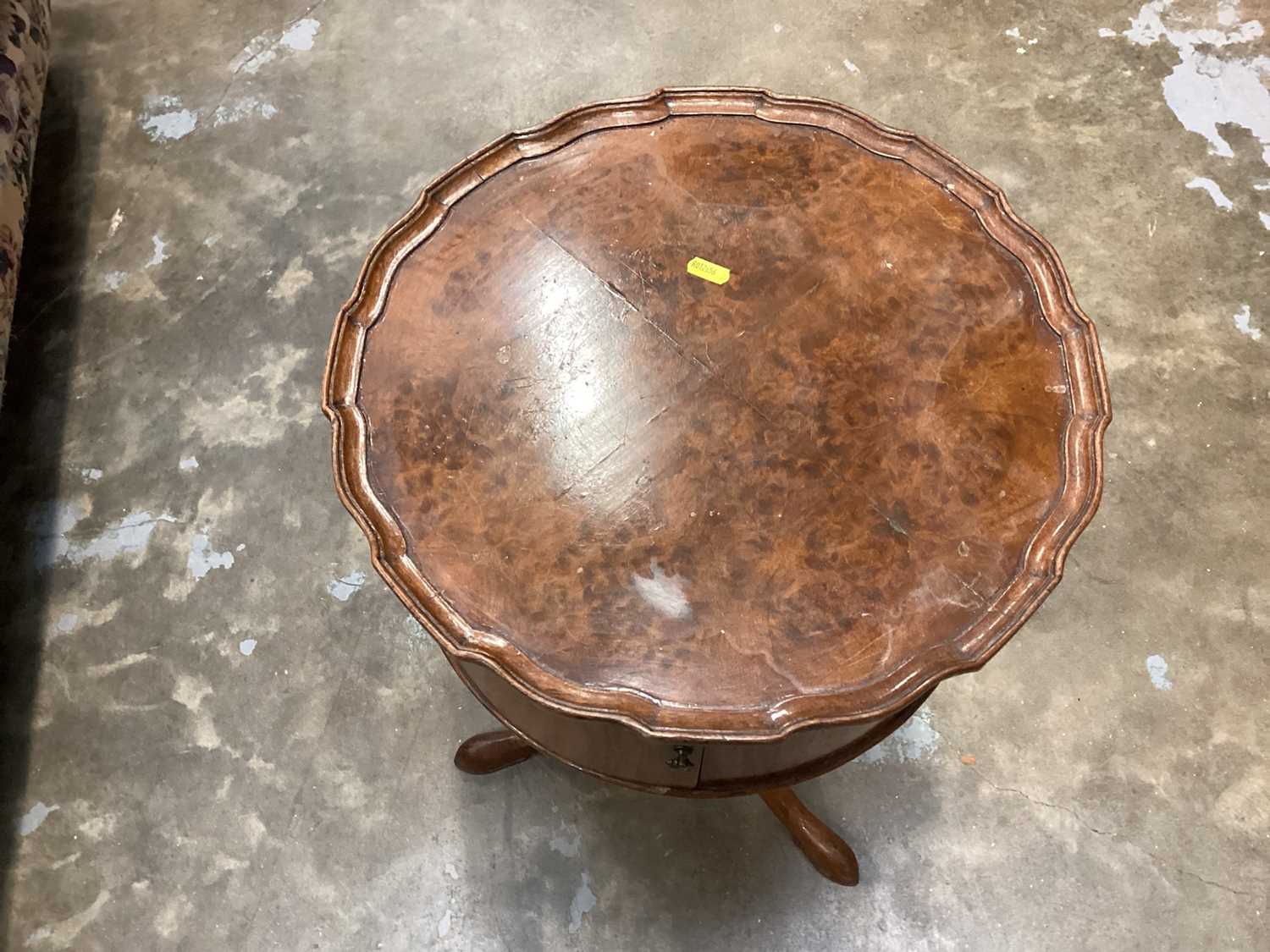 Burr walnut veneered occasional table with pie crust top and door below on turned and carved column - Image 2 of 5