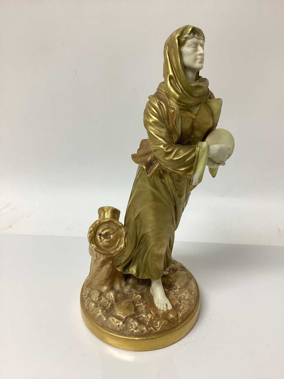 An early 20th century Royal Worcester figure of a musician, modelled in gilt as a lady with a drum, - Image 2 of 7