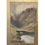 Arthur Suker (1857-1940) watercolour, mountain landscape, signed, 62 x 37cm, glazed frame