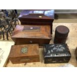 Five tea caddies, including one Victorian rosewood and mother of pearl rosewood sarcophagus form, on