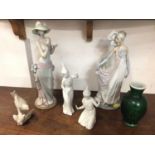 Two Lladro figures, three other ornaments and a Chinese green glass vase (6)