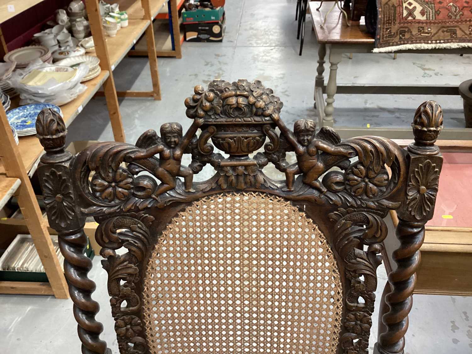 Late Victorian heavily carved oak elbow chair with cane seat and back, and spiral twist supports, 68 - Image 2 of 6