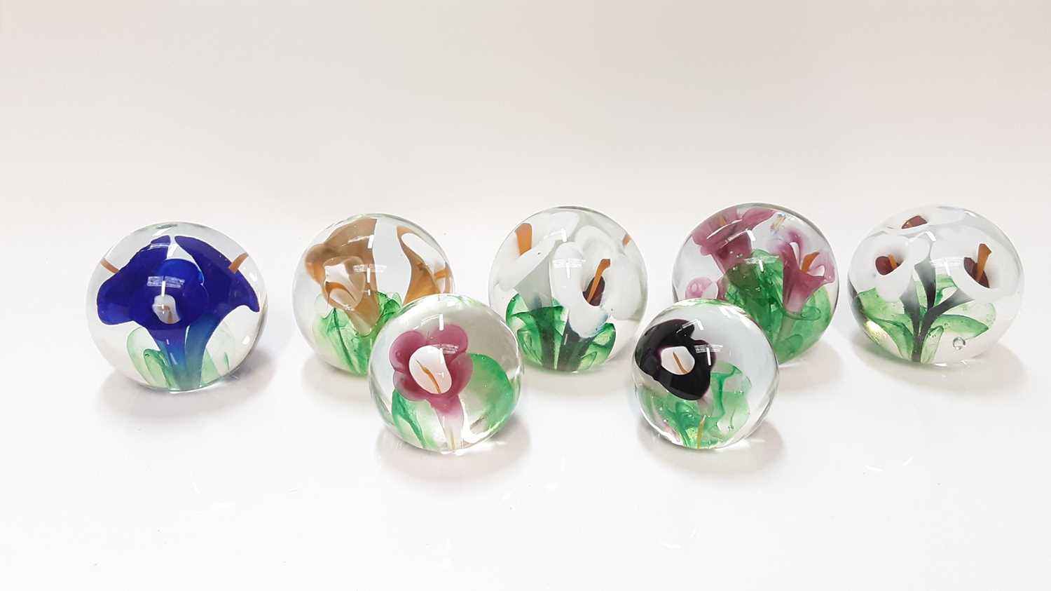 Seven Langham glass Lilys art glass paperweights