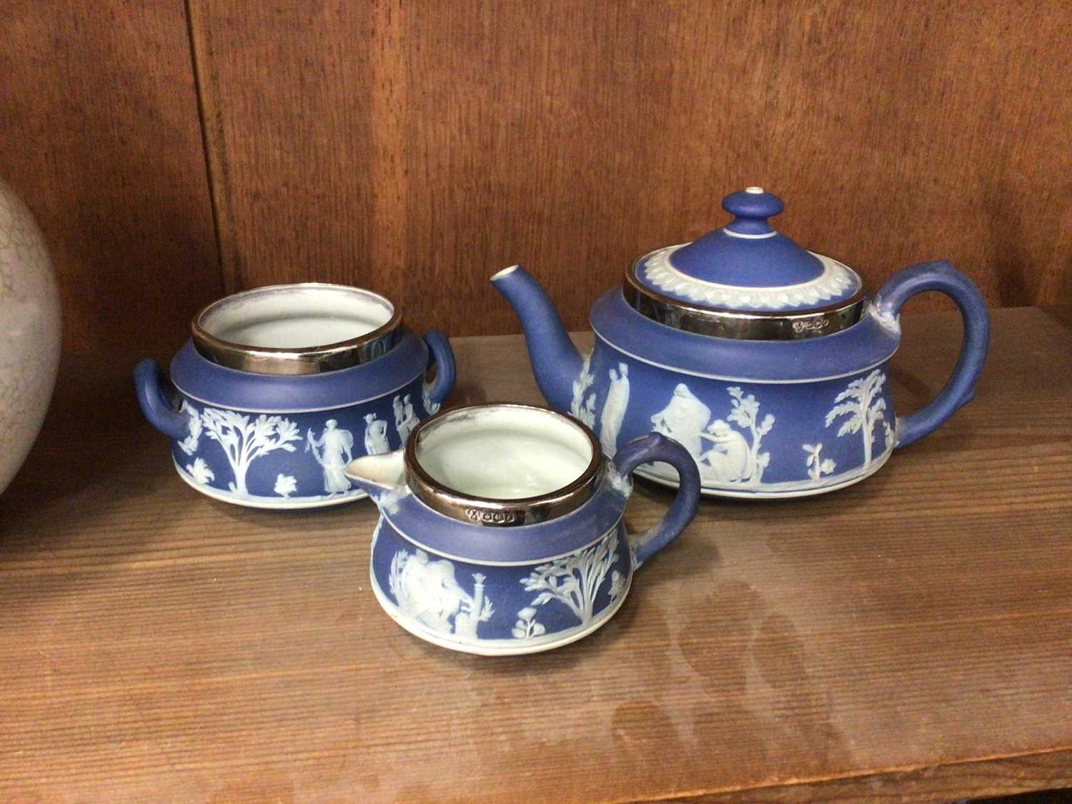 Wedgwood silver mounted three piece jasperware tea set