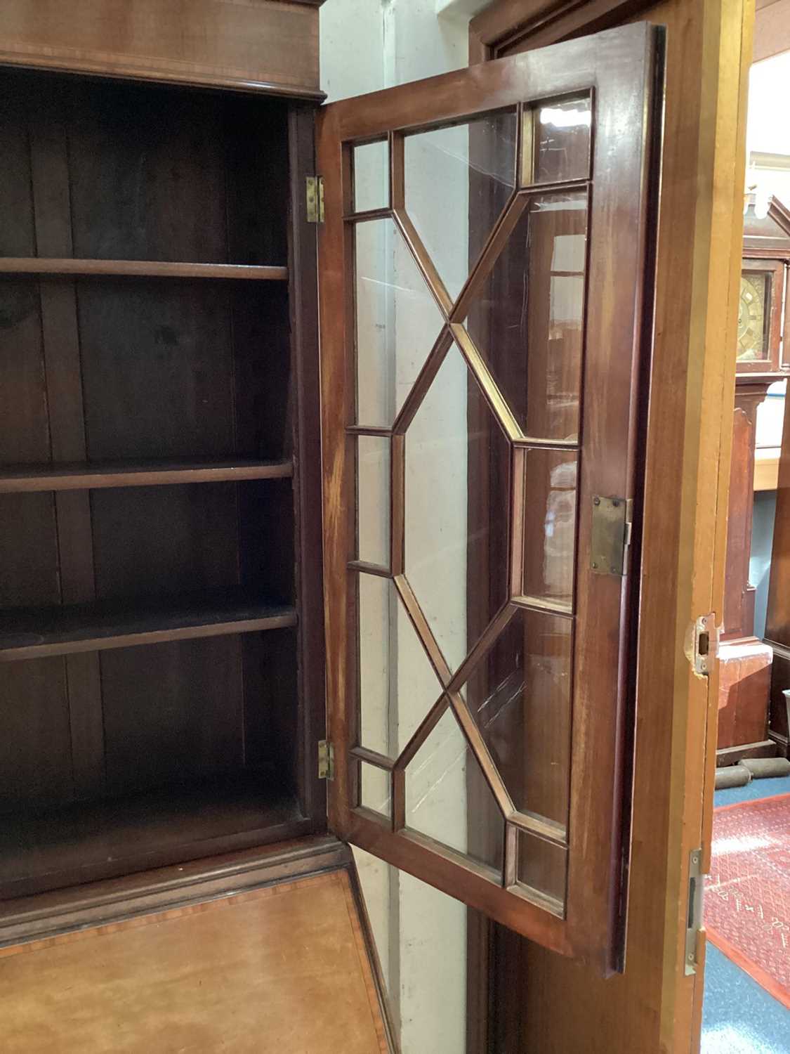 Edwardian mahogany and satinwood inlaid bureau bookcase - Image 7 of 13