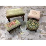 Group of four various footstools including two with tapestry tops