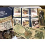 Selection of GB and world coins and banknotes, enamelled car badges and collection of Essex Squelche