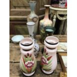 A Doulton Lambeth vase painted with flowers, a Dutch Art Nouveau pottery vase, and four enamelled gl