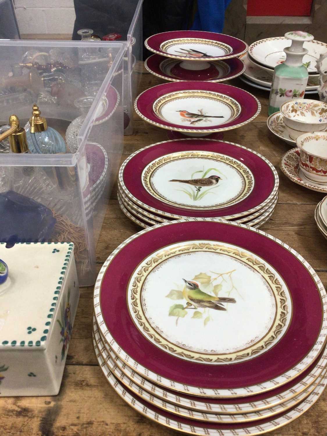 A late 19th century English porcelain claret ground ornithological dessert service, comprising three