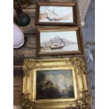 18th/19th century Dutch oil on panel in gilt frame, together with a pair of 19th century marine wate