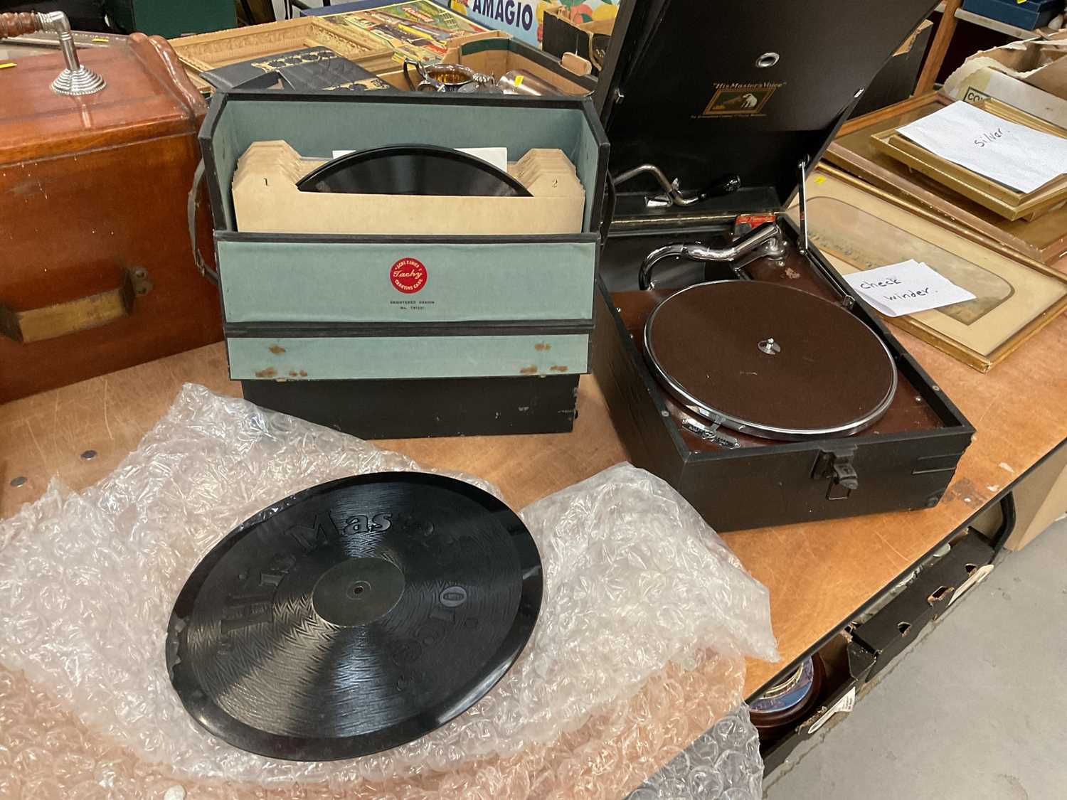 Vintage portable gramophone and lot 78 rpm records