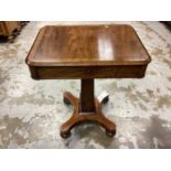 19th century mahogany side table with crossbanded top and single drawer below on square column and q