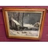 V.Price a late 19th century oil on board of a farmyard scene in the snow, in maple frame 35 x 43cm