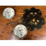 Pair of Victorian Papier Mache face screens, together with pair of pewter mounted teapot stands