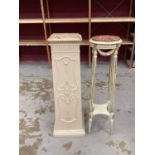 Cream and gilt painted two tier plant stand with inset marble top together with another