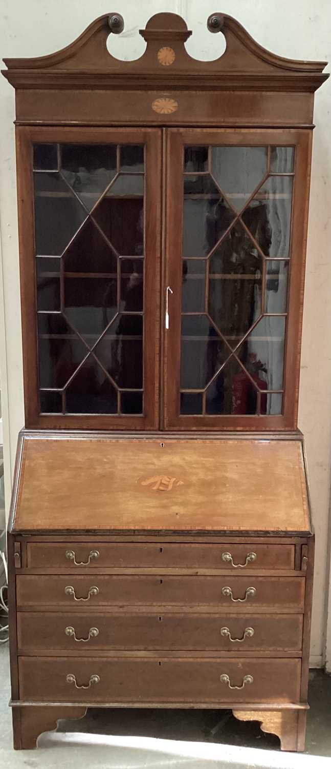 Edwardian mahogany and satinwood inlaid bureau bookcase