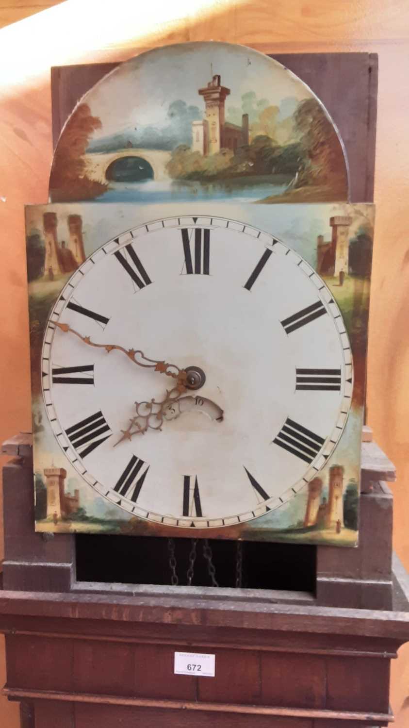 Early 19th century 30 hour longcase clock with painted arched dial with calendar aperture, in oak ca - Image 6 of 8