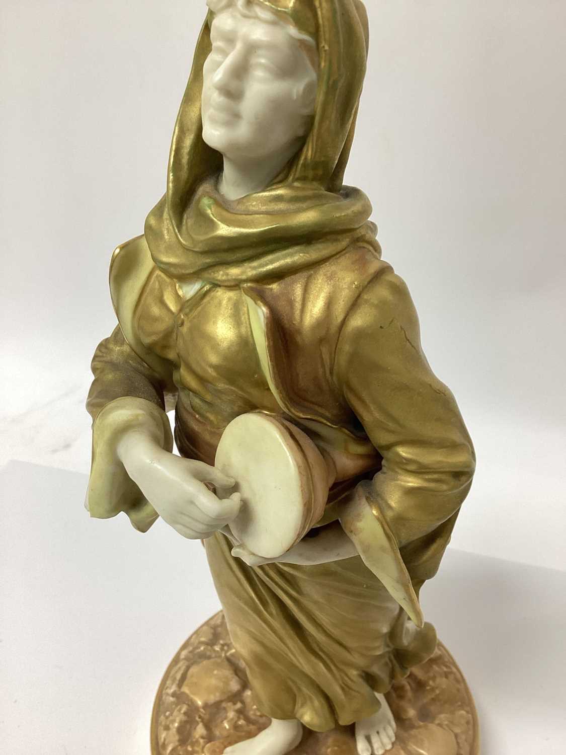 An early 20th century Royal Worcester figure of a musician, modelled in gilt as a lady with a drum, - Image 5 of 7