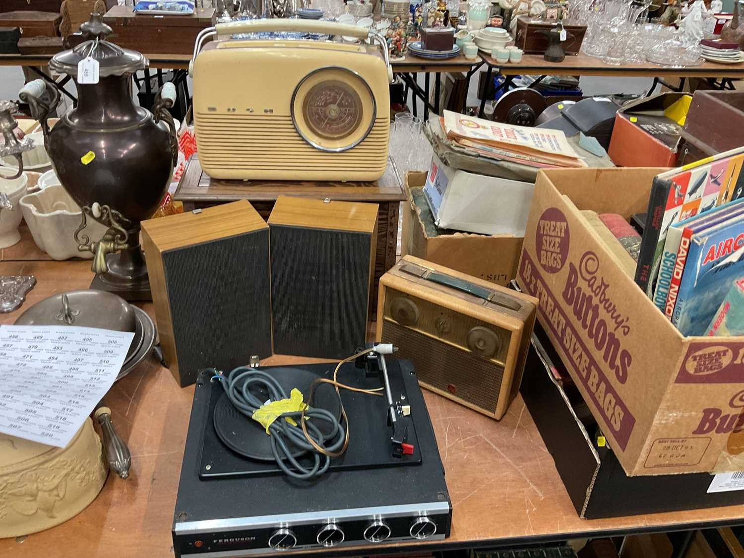 Vintage Bush radio, valve radio, PYE radio and Ferguson record player with speakers.