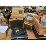 Vintage Bush radio, valve radio, PYE radio and Ferguson record player with speakers.