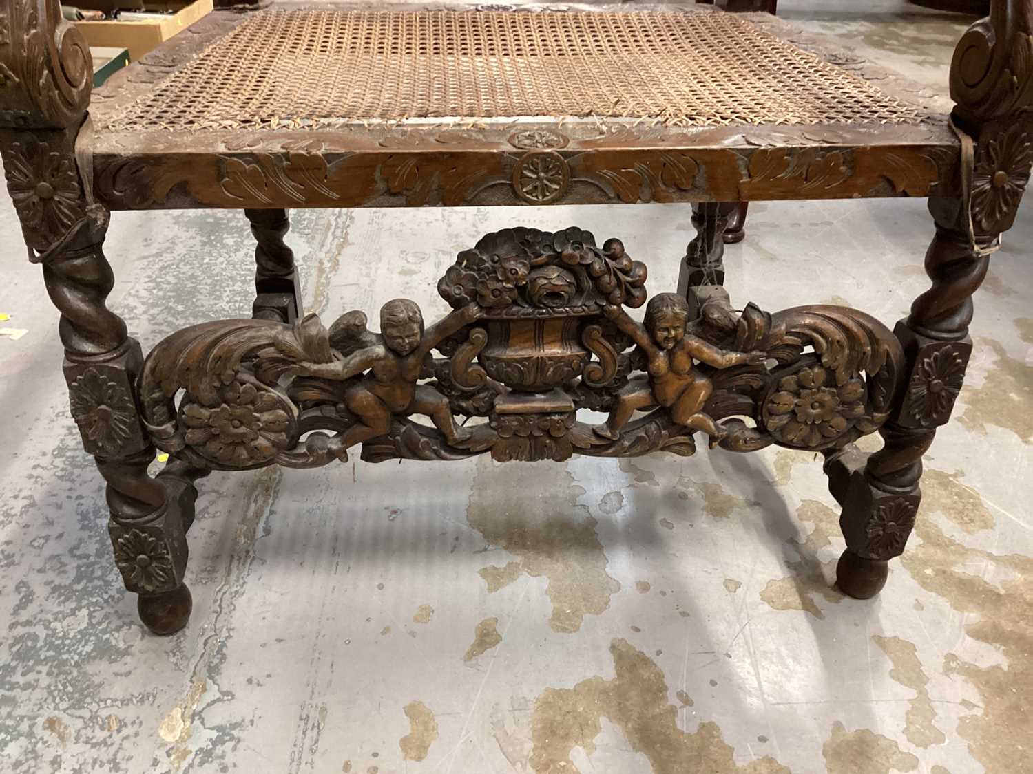 Late Victorian heavily carved oak elbow chair with cane seat and back, and spiral twist supports, 68 - Image 5 of 6