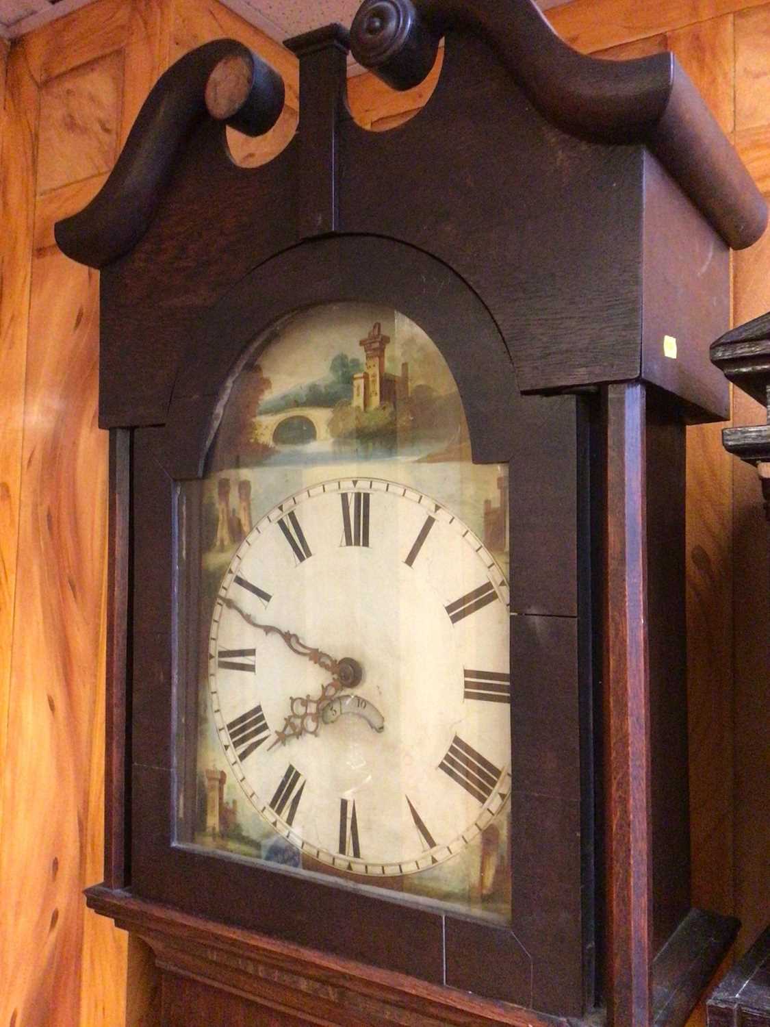 Early 19th century 30 hour longcase clock with painted arched dial with calendar aperture, in oak ca - Image 2 of 8