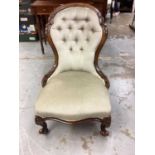 Victorian mahogany framed spoon back chair with buttoned green upholstery