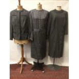 Roger Brines, designer and royal dressmaker, grey wool and black satin piping dress with fitted top