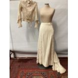 Victorian cream silk crepe boned bodice with pin tucks and lace plus matching skirt with train, fi