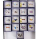 Collection of 17 'Karis' gem set dress rings, boxed as new