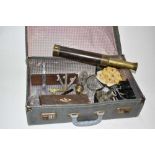 A case of sundries, including a brass three-drawer telescope by Fairey of Weymouth, a brass fleam by
