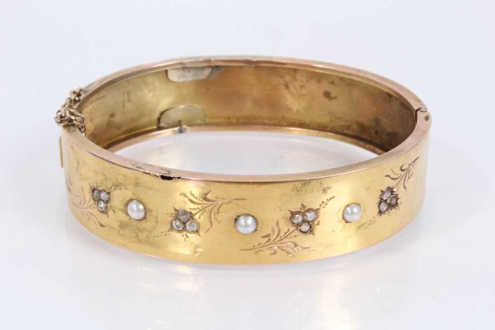 Victorian yellow metal hinged bangle set with rose cut diamonds and seed pearls, yellow metal mourni - Image 2 of 5