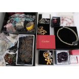 Group of vintage and later costume jewellery including empty Cartier box, Trifari gilt metal pendant