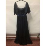 1920s high waist evening dress in blue silk with black silk chiffon outer layer, ruffled edging and