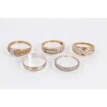 Five 9ct gold rings to include three diamond set half eternity style rings, diamond set buckle ring