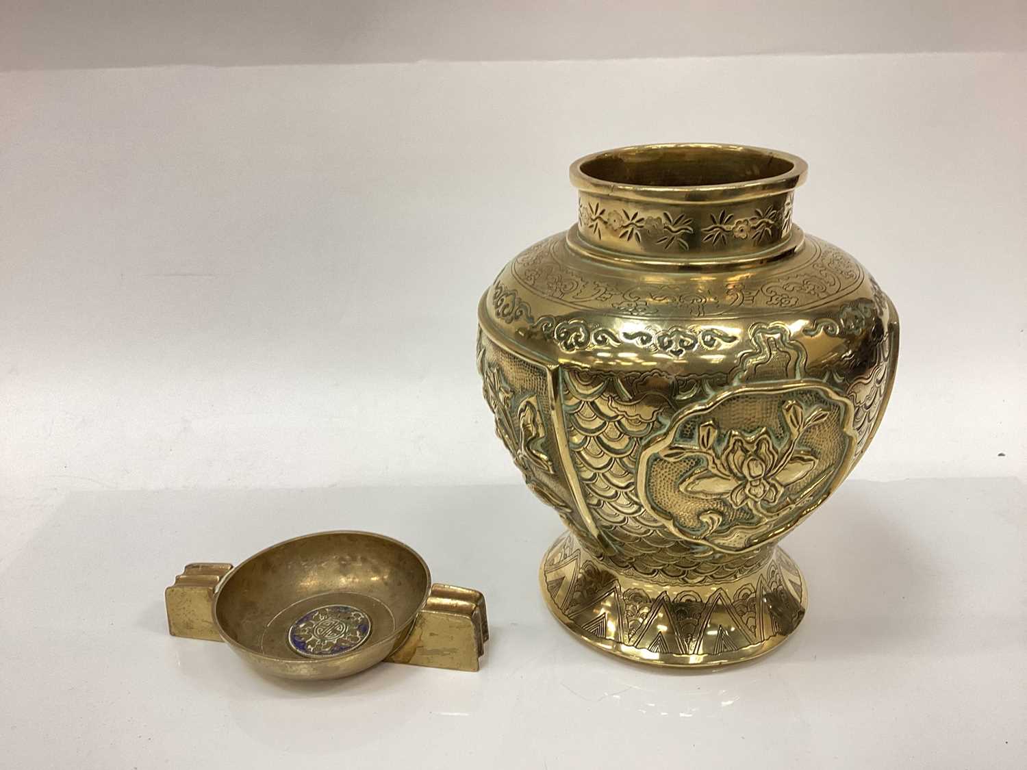 Chinese polished bronze vase, a censer, and two wooden stands (4)