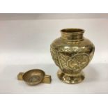 Chinese polished bronze vase, a censer, and two wooden stands (4)