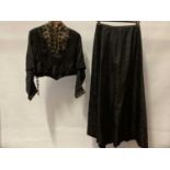 Victorian black silk brocade short jacket with embroidered net lace front and stand up collat, other