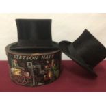 Black top hat by Thos.Townsend & Co, London in illustrated Stetson hat box, two other black top hat