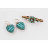 Pair of Victorian heart shaped turquoise cluster earrings and similar floral bar brooch