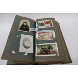 Postcards in album including topography, greetings, comic, street scenes and others plus a photograp