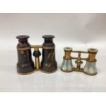 Antique tortoiseshell field glasses, together with a pair of mother of pearl opera glasses