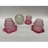 Pair of antique etched ruby glass shades, clear round etched glass antique glass shade, and ruby gla